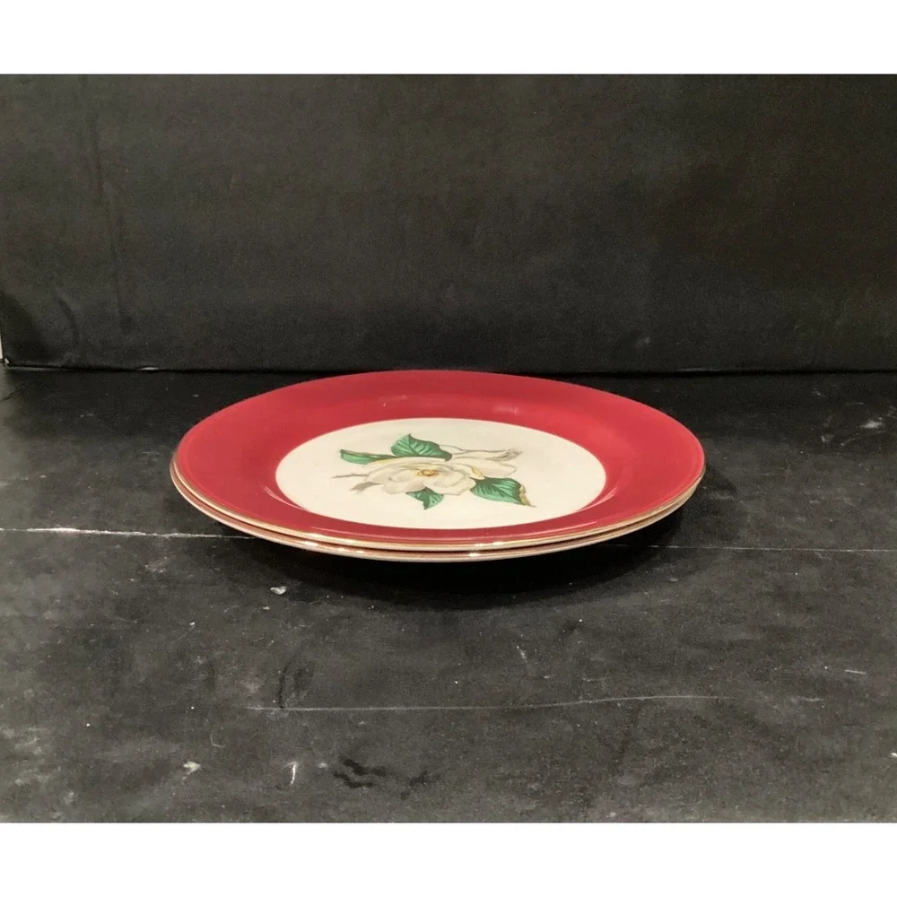 Vintage Homer Laughlin Lifetime China Burgundy 2 Magnolia Dinner Plates 10 1/4